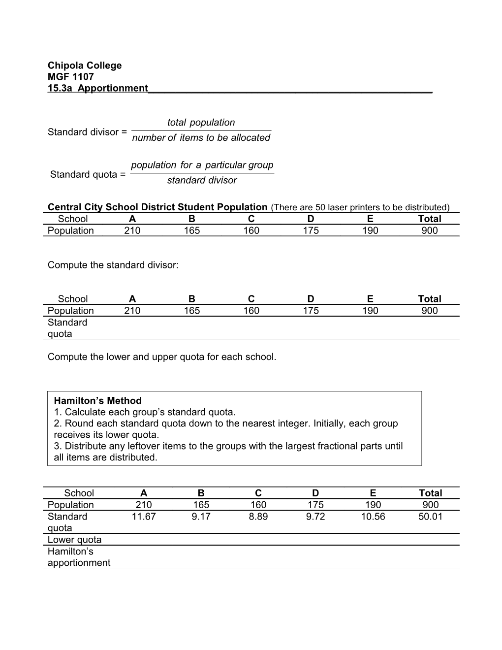 Central City School District Student Population (There Are 50 Laser Printers to Be Distributed)