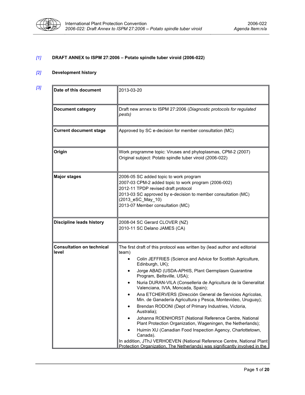 Potato Spindle Tuber Viroid 2006-022 Agenda Item:N/A Page 1 of 20