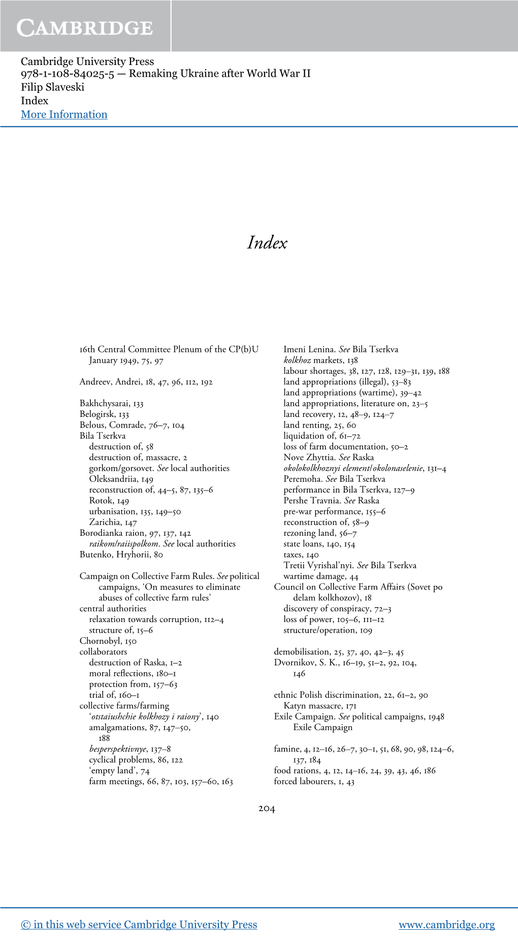 Cambridge University Press 978-1-108-84025-5 — Remaking Ukraine After World War II Filip Slaveski Index More Information