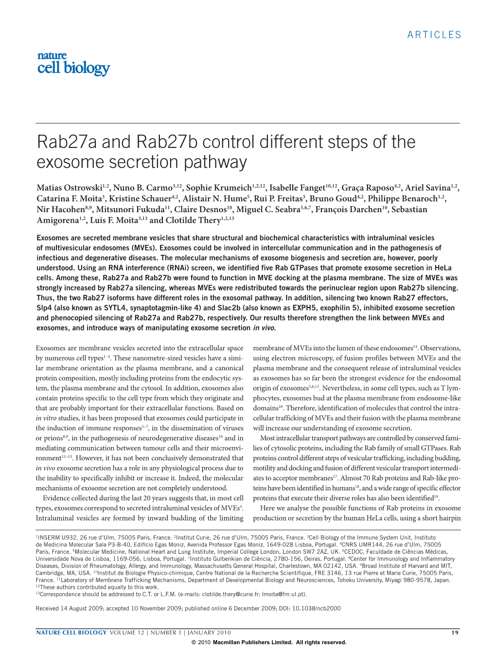 Rab27a and Rab27b Control Different Steps of the Exosome Secretion Pathway