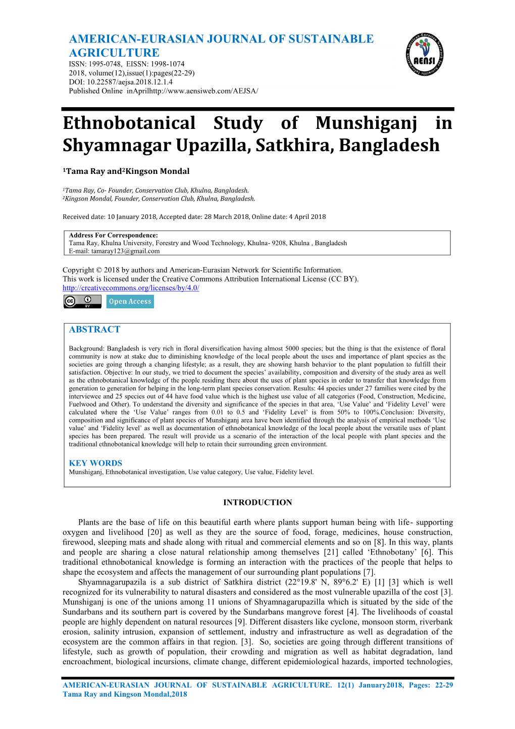 Ethnobotanical Study of Munshiganj in Shyamnagar Upazilla, Satkhira