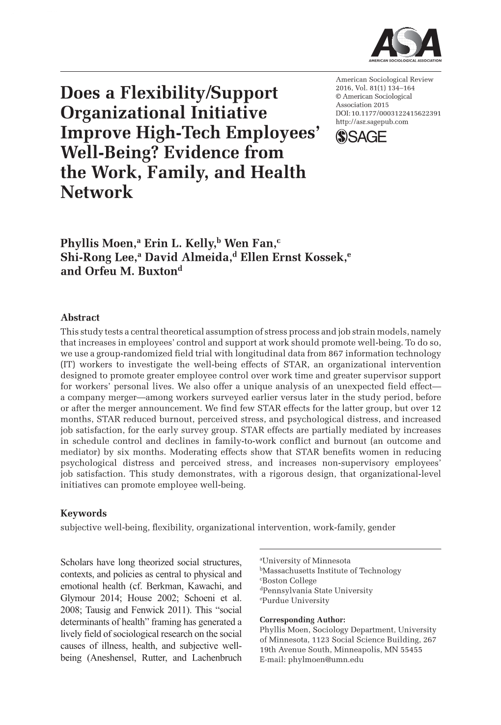 Does a Flexibility/Support Organizational Initiative Improve High-Tech Employees' Well-Being? Evidence from the Work, Family