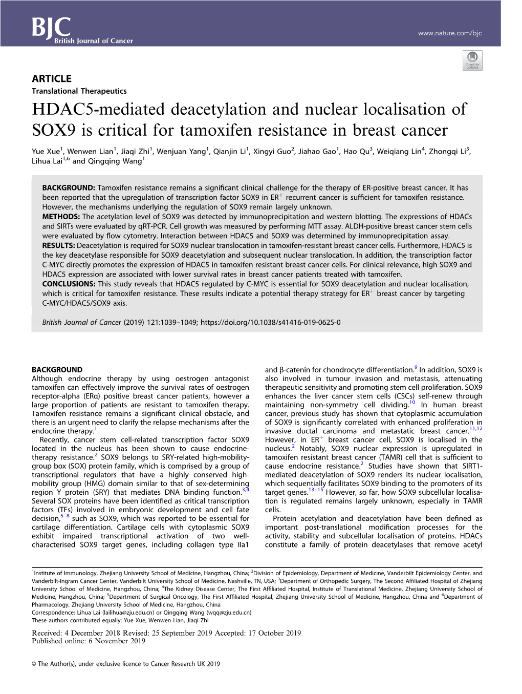 HDAC5-Mediated Deacetylation and Nuclear Localisation of SOX9 Is Critical for Tamoxifen Resistance in Breast Cancer