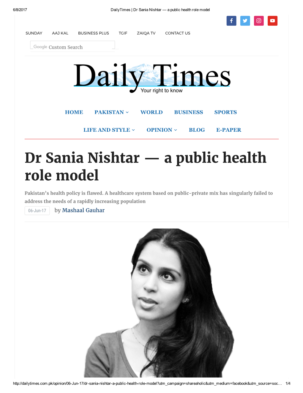 6 June 2017 Dailytimes Dr Sania Nishtar a Public Health Role Model