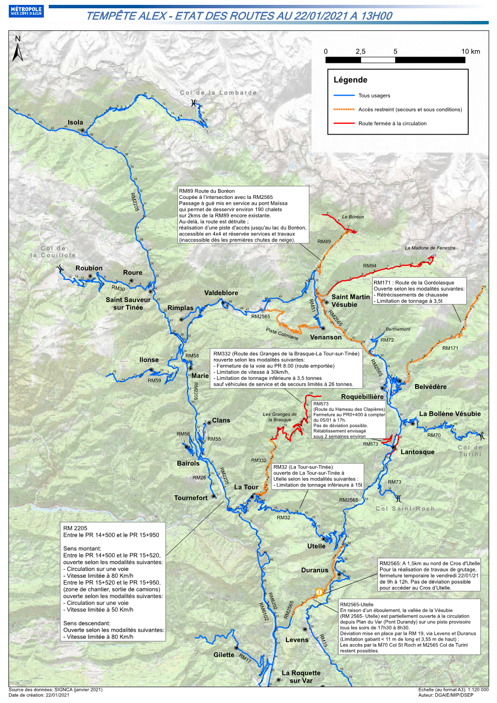 Tempête Alex - Etat Des Routes Au 22/01/2021 a 13H00
