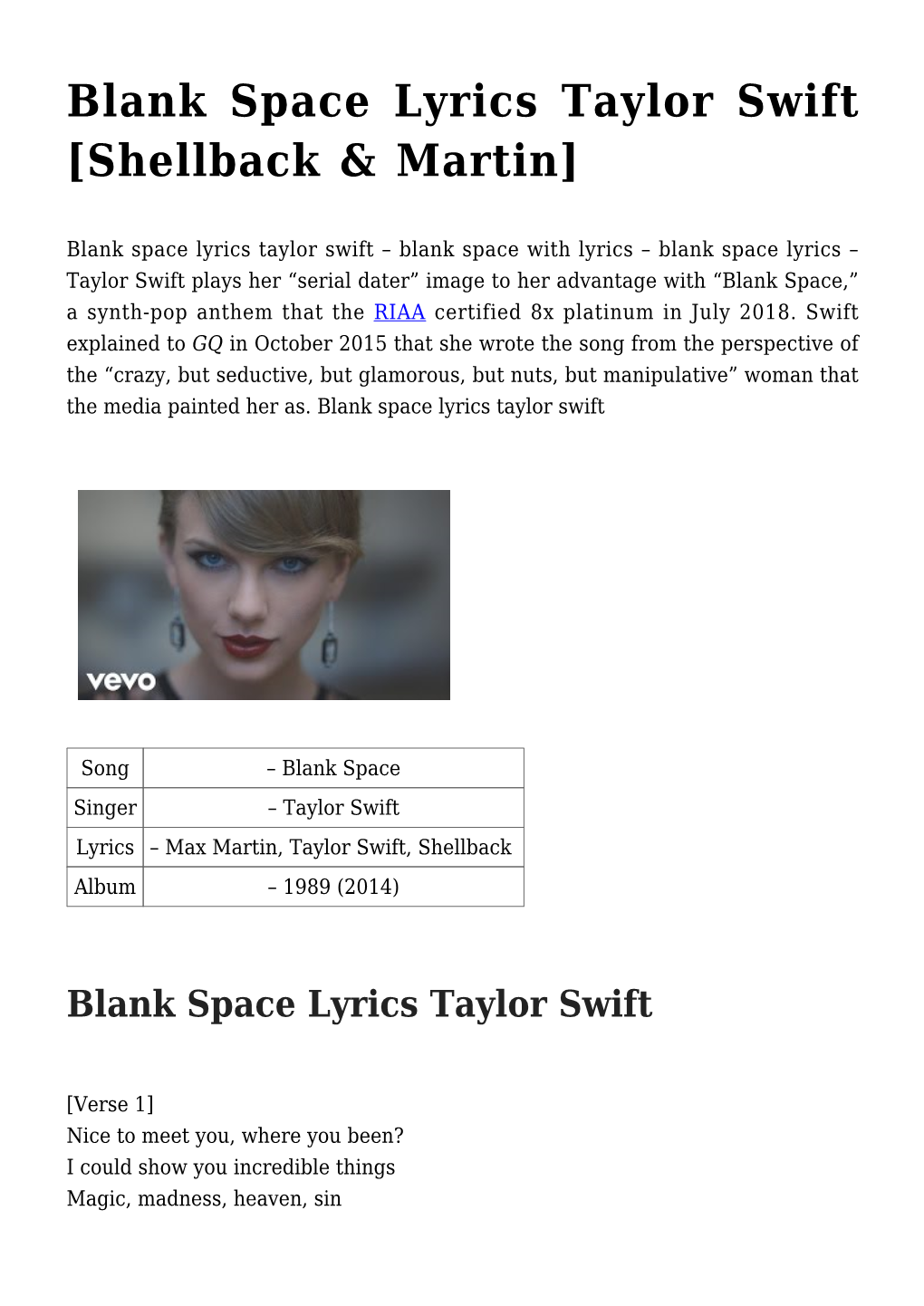 Blank Space Lyrics Taylor Swift [Shellback & Martin]