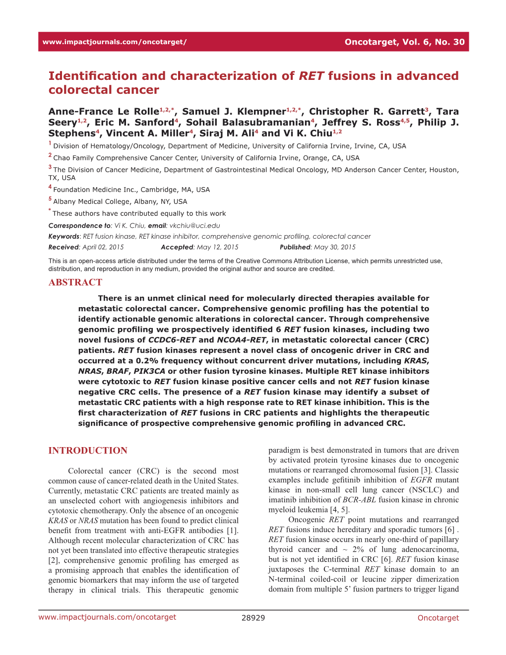 Identification and Characterization of RET Fusions in Advanced Colorectal Cancer