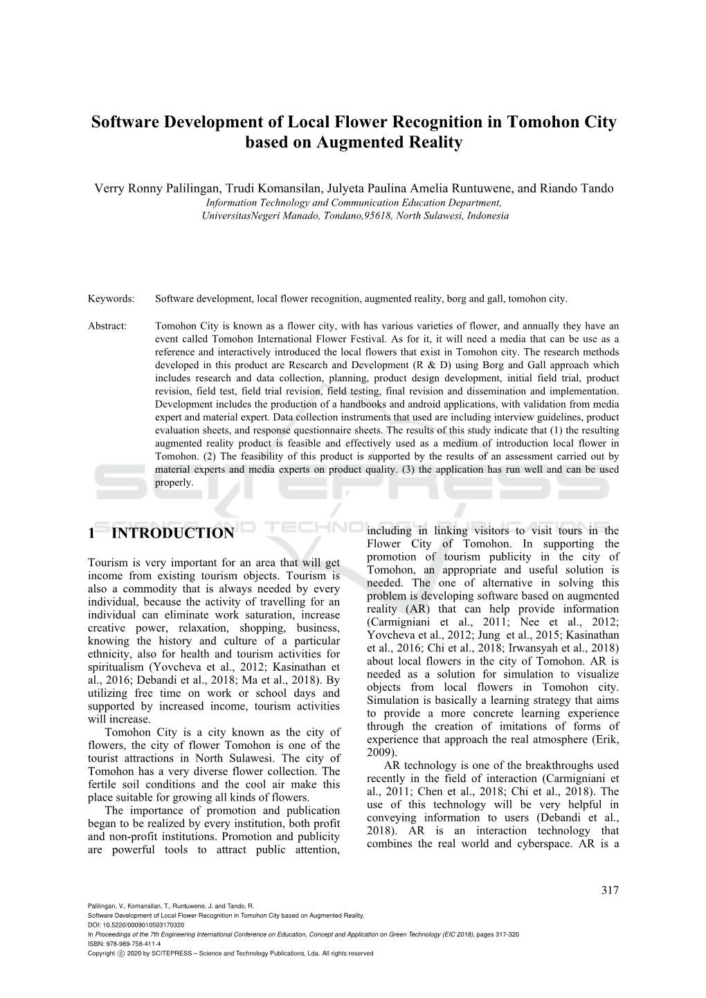 Software Development of Local Flower Recognition in Tomohon City Based on Augmented Reality