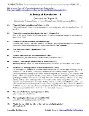 A Study of Revelation 19 Questions on Chapter 19, Revelation for Christians Today, by Lonnie Woodruff--Page 360-61[Answers by DRL]…