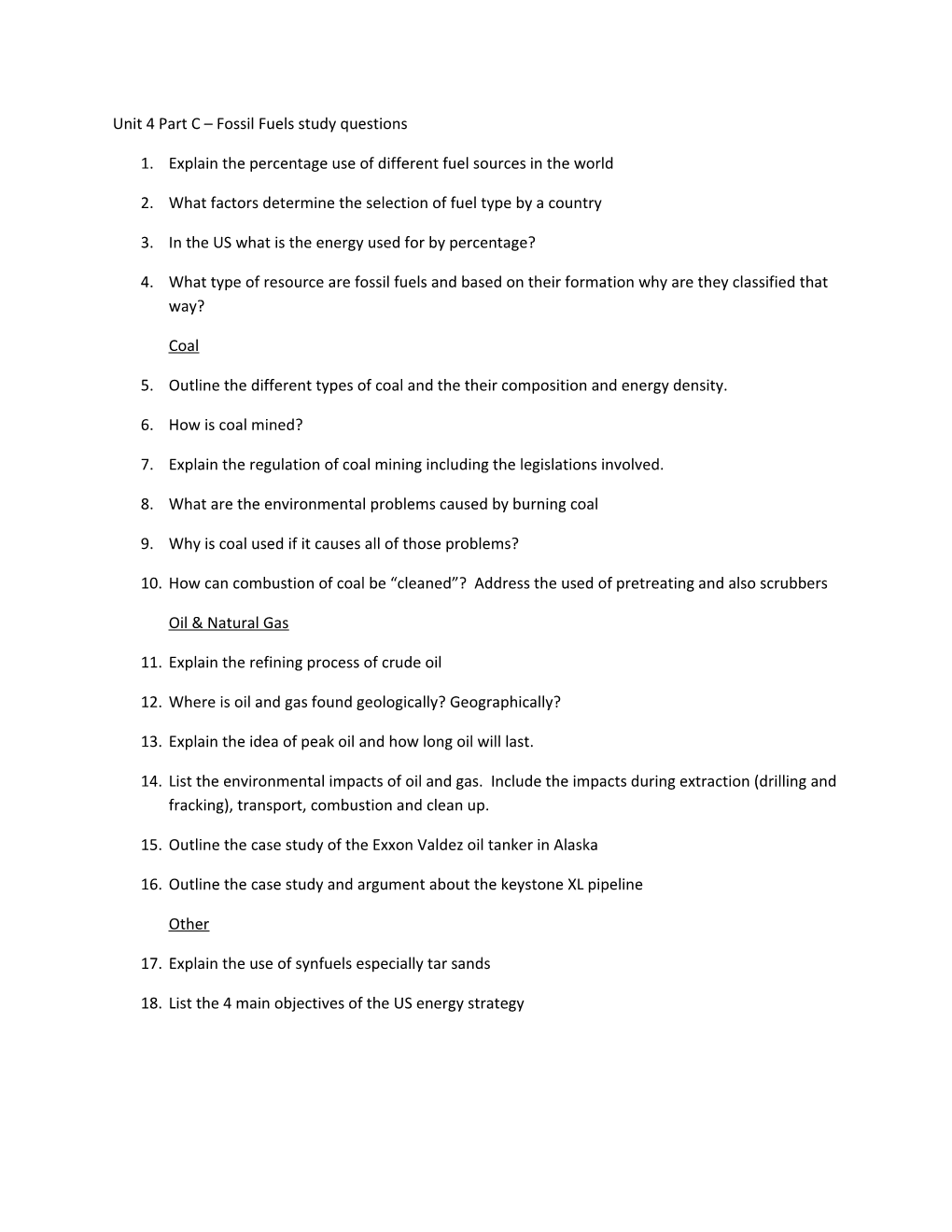 Unit 4 Part C Fossil Fuels Study Questions