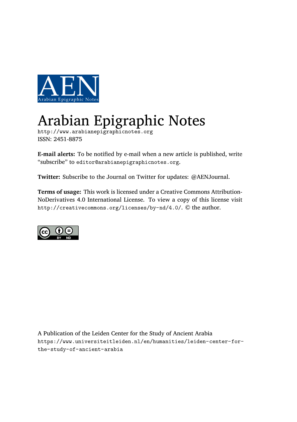Arabian Epigraphic Notes ISSN: 2451-8875