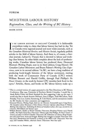 ITHER LABOUR HISTORY Regionalism, Class, and the Writing of BC History