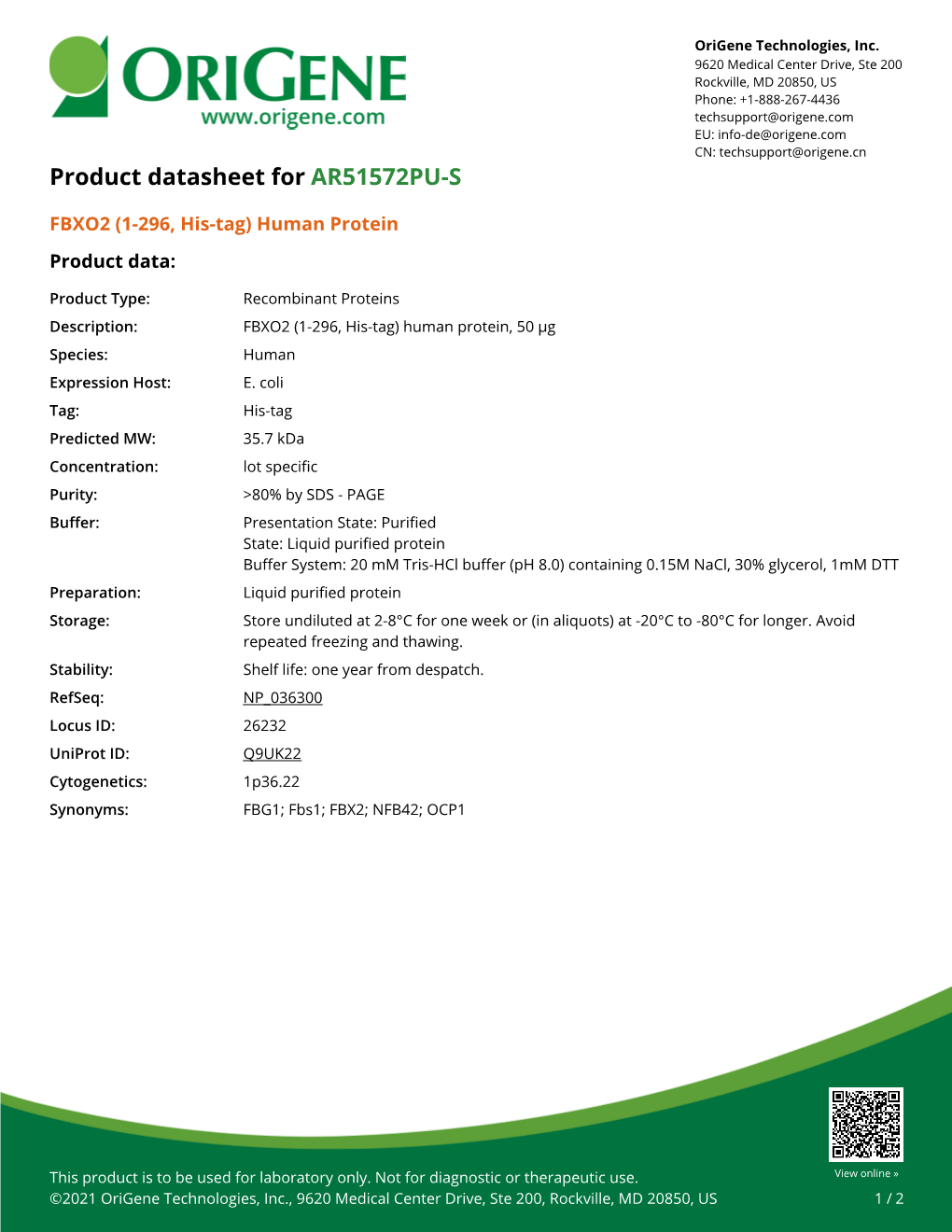 FBXO2 (1-296, His-Tag) Human Protein – AR51572PU-S | Origene