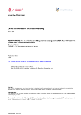 University of Groningen Off-Line Answer Extraction for Question