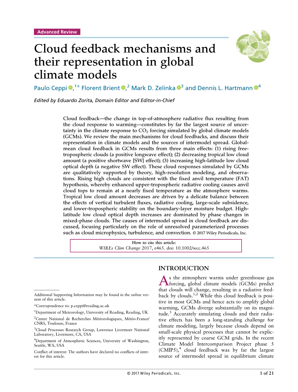 Cloud Feedback Mechanisms and Their Representation in Global Climate Models Paulo Ceppi ,1* Florent Brient ,2 Mark D