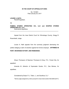IN the COURT of APPEALS of IOWA No. 16-0001 Filed January