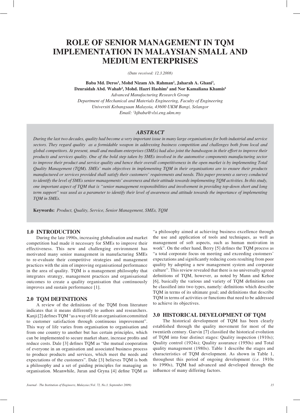 Role of Senior Management in Tqm Implementation in Malaysian Small and Medium Enterprises