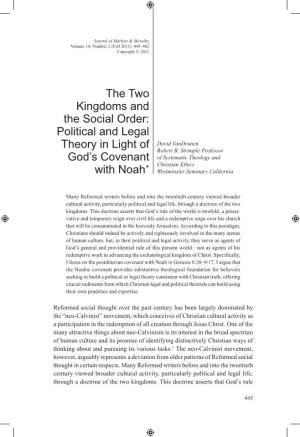 The Two Kingdoms and the Social Order: Political and Legal David Vandrunen Theory in Light of Robert B