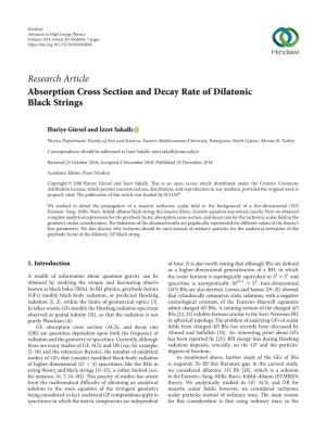 Research Article Absorption Cross Section and Decay Rate of Dilatonic Black Strings