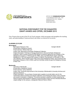 National Endowment for the Humanities Grant Awards and Offers, December 2010