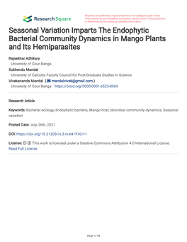 Seasonal Variation Imparts the Endophytic Bacterial Community Dynamics in Mango Plants and Its Hemiparasites