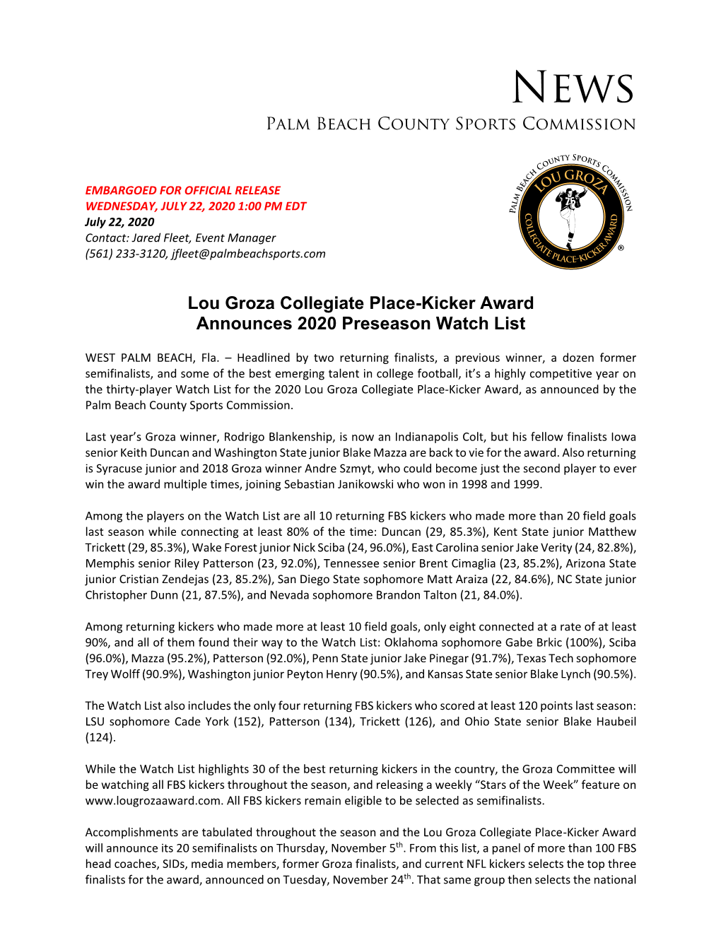 Lou Groza Collegiate Place-Kicker Award Announces 2020 Preseason Watch List