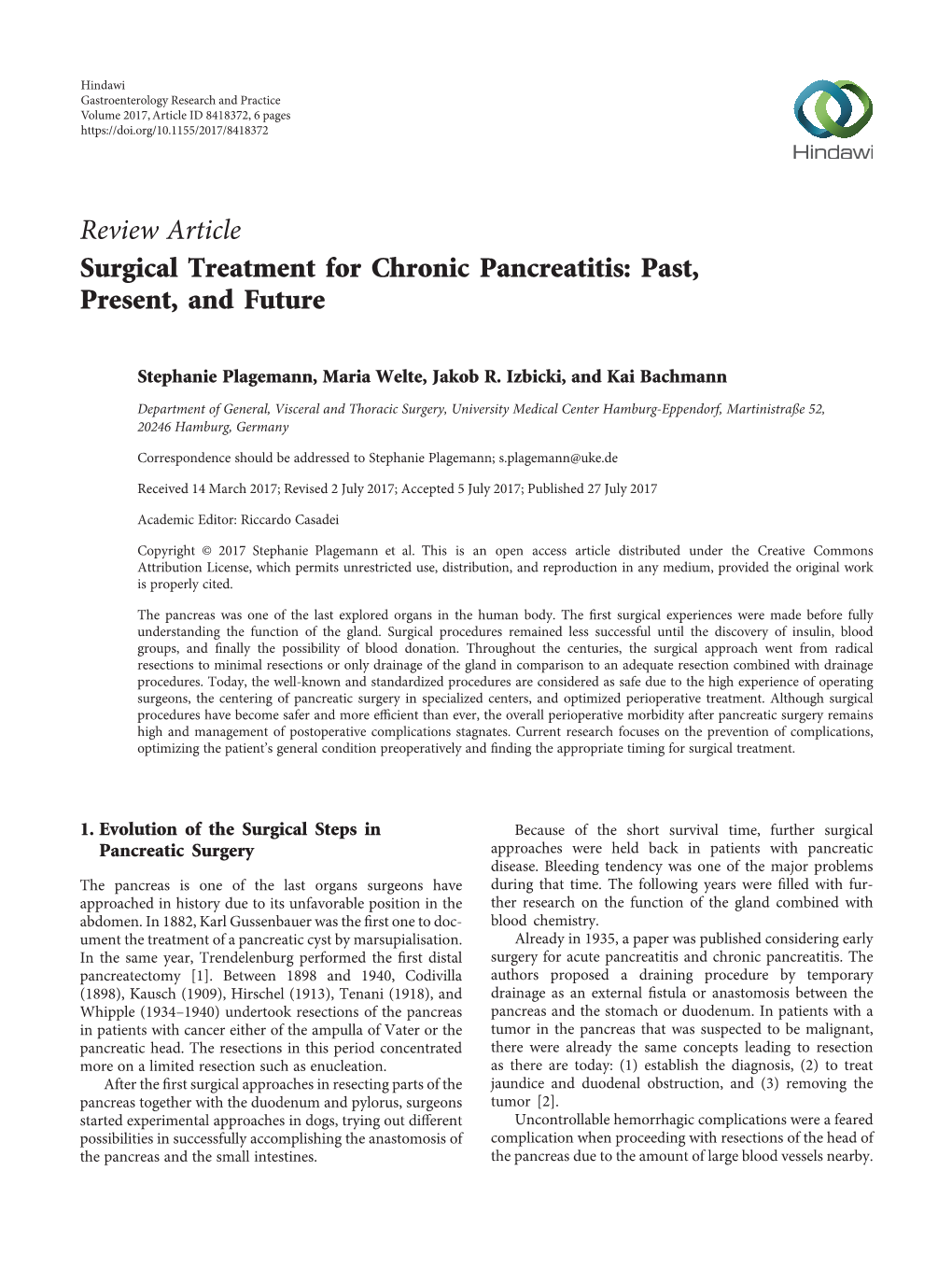 Review Article Surgical Treatment for Chronic Pancreatitis: Past, Present, and Future