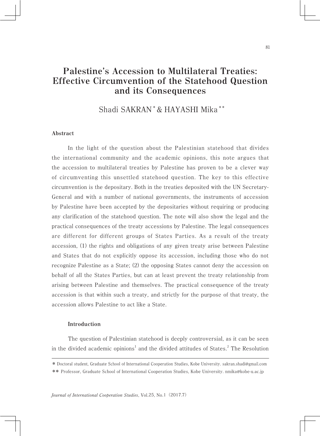 Palestine's Accession to Multilateral Treaties: Effective Circumvention Of