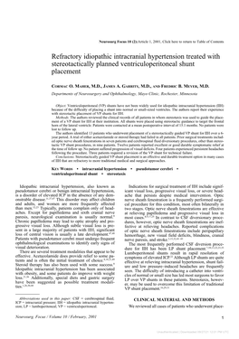 Refractory Idiopathic Intracranial Hypertension Treated with Stereotactically Planned Ventriculoperitoneal Shunt Placement