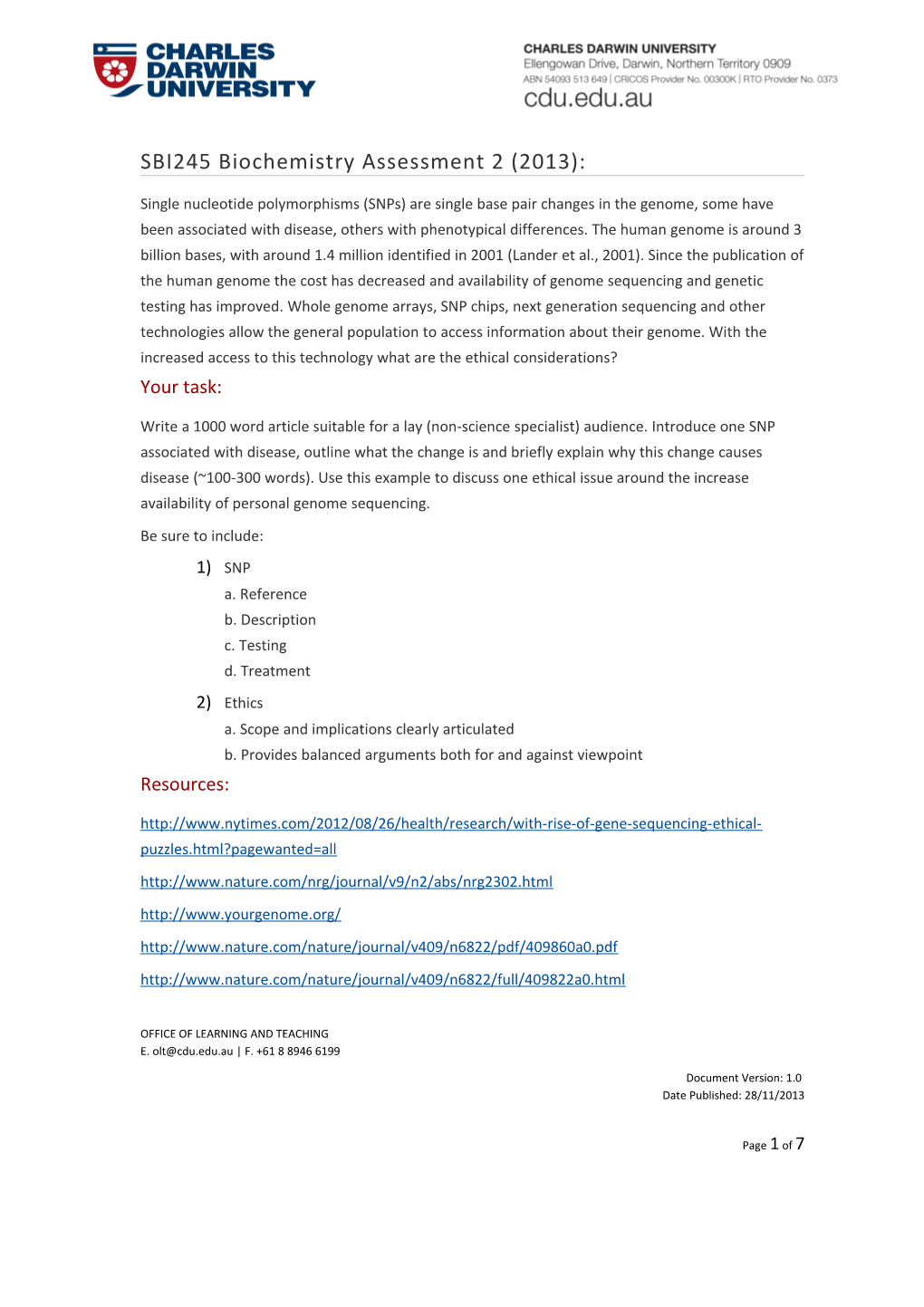 SBI245 Biochemistry Assessment 2 (2013)