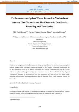 Performance Analysis of Three Transition Mechanisms Between Ipv6 Network and Ipv4 Network: Dual Stack, Tunneling and Translation