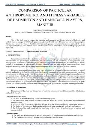 Comparison of Particular Anthropometric and Fitness Variables of Badminton and Handball Players, Manipur