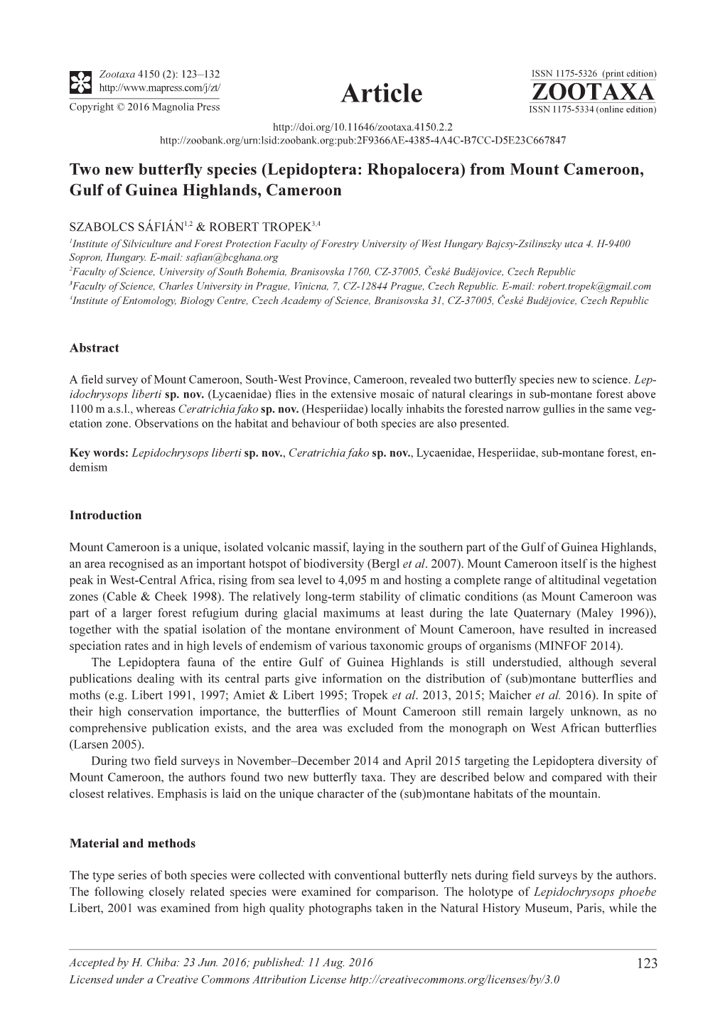 Two New Butterfly Species (Lepidoptera: Rhopalocera) from Mount Cameroon, Gulf of Guinea Highlands, Cameroon