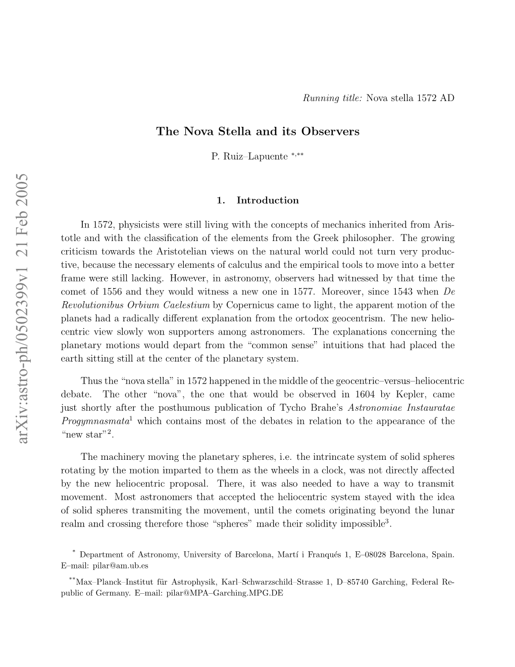 The Nova Stella and Its Observers