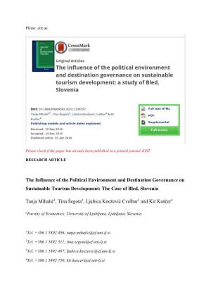 The Influence of the Political Environment and Destination Governance on Sustainable Tourism Development: the Case of Bled, Slovenia