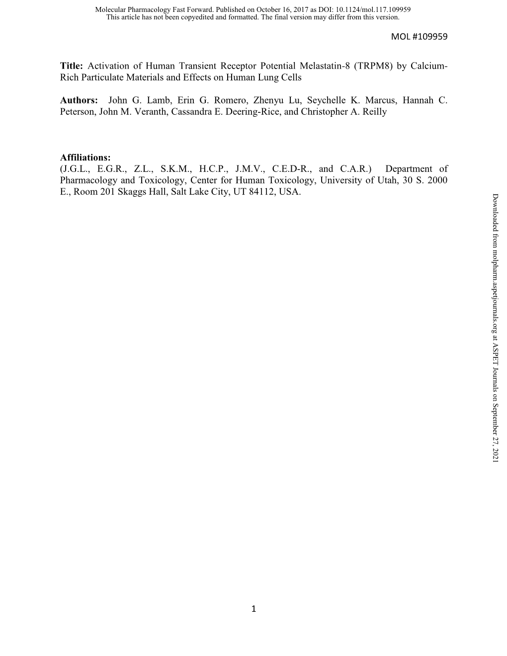 (TRPM8) by Calcium-Rich Particulate Materials and Effects on Human