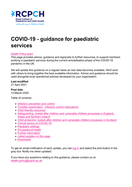 COVID-19 - Guidance for Paediatric Services