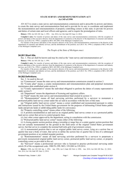 STATE SURVEY and REMONUMENTATION ACT Act 345 of 1990 an ACT to Create a State Survey and Remonumentation Commission and to Presc