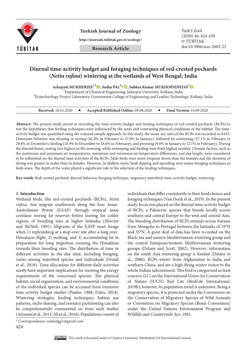 Diurnal Time-Activity Budget and Foraging Techniques of Red-Crested Pochards (Netta Rufina) Wintering at the Wetlands of West Bengal, India