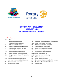 DISTRICT 7070 NEWSLETTER South Central Ontario, CANADA
