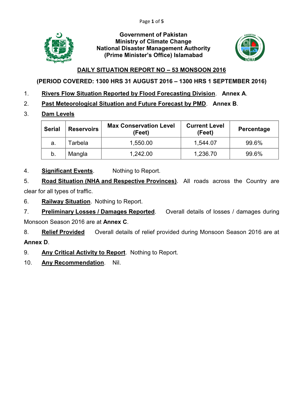 Government of Pakistan Ministry of Climate Change National Disaster Management Authority (Prime Minister’S Office) Islamabad