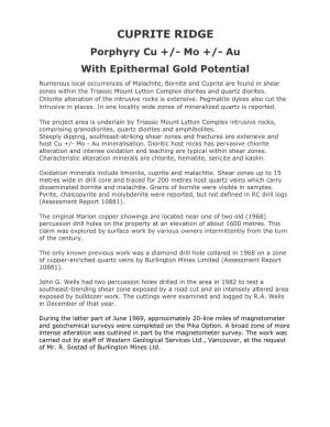 CUPRITE RIDGE Porphyry Cu +/- Mo +/- Au with Epithermal Gold Potential