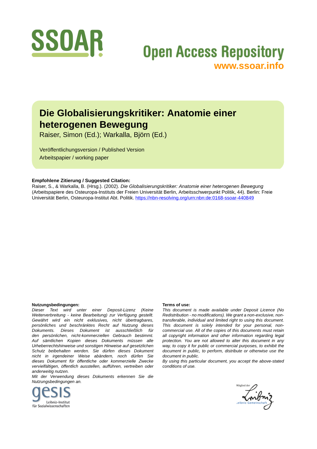 Die Globalisierungskritiker: Anatomie Einer Heterogenen Bewegung Raiser, Simon (Ed.); Warkalla, Björn (Ed.)