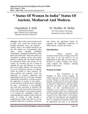 “ Status of Women in India” Status of Ancient, Mediaeval and Modern