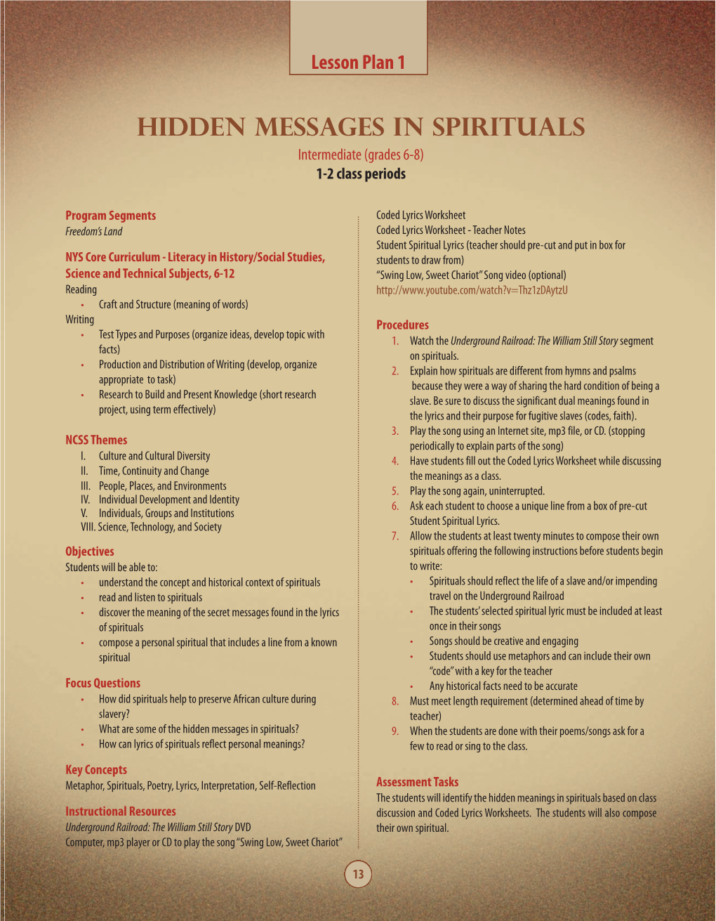 Hidden Messages in Spirituals Intermediate (Grades 6-8) 1-2 Class Periods