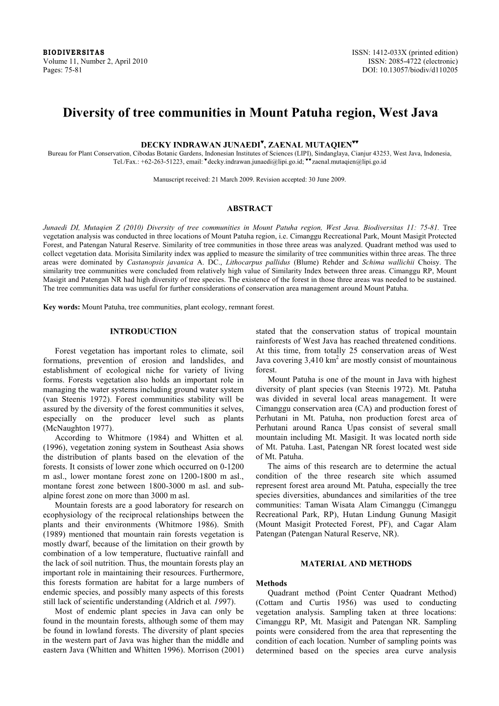 Diversity of Tree Communities in Mount Patuha Region, West Java