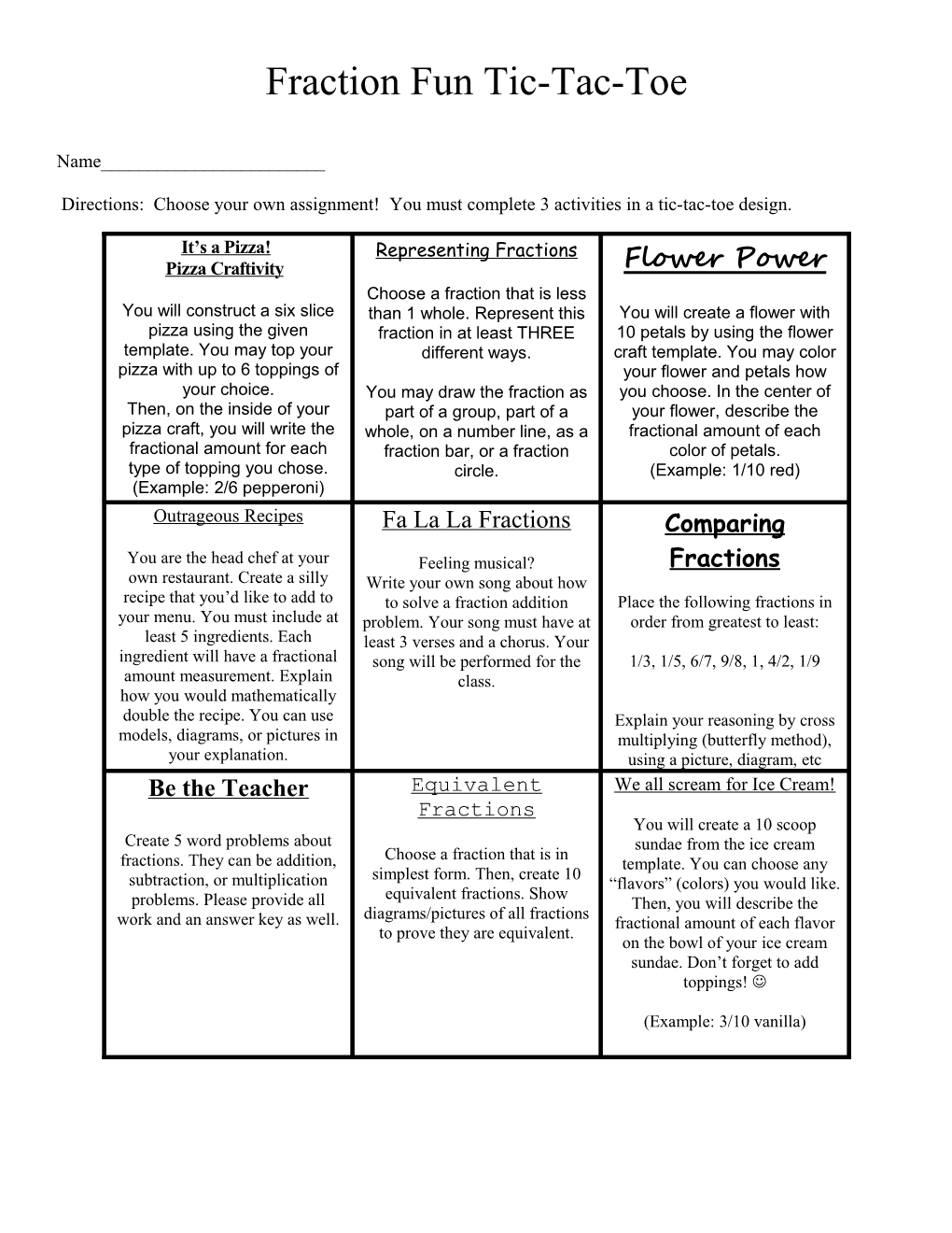 Fraction Fun Tic-Tac-Toe