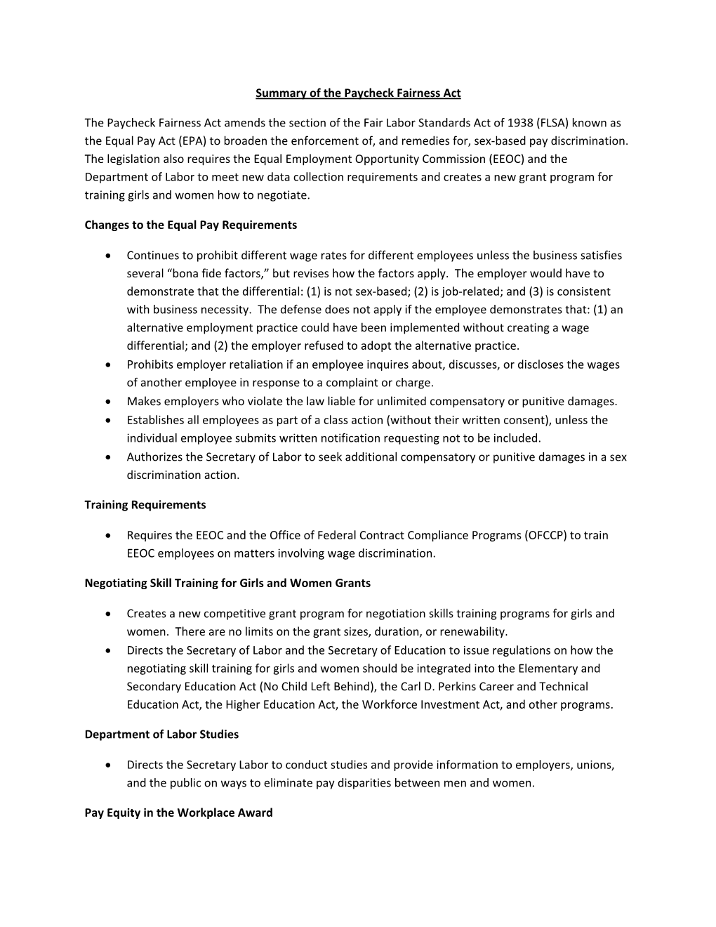 Summary of the Paycheck Fairness Act The