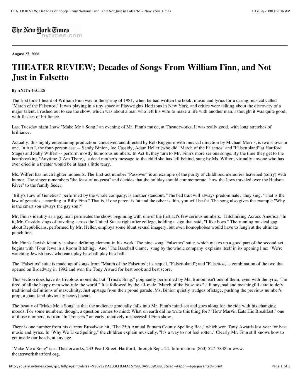 THEATER REVIEW; Decades of Songs from William Finn, and Not Just in Falsetto - New York Times 01/09/2008 09:06 AM