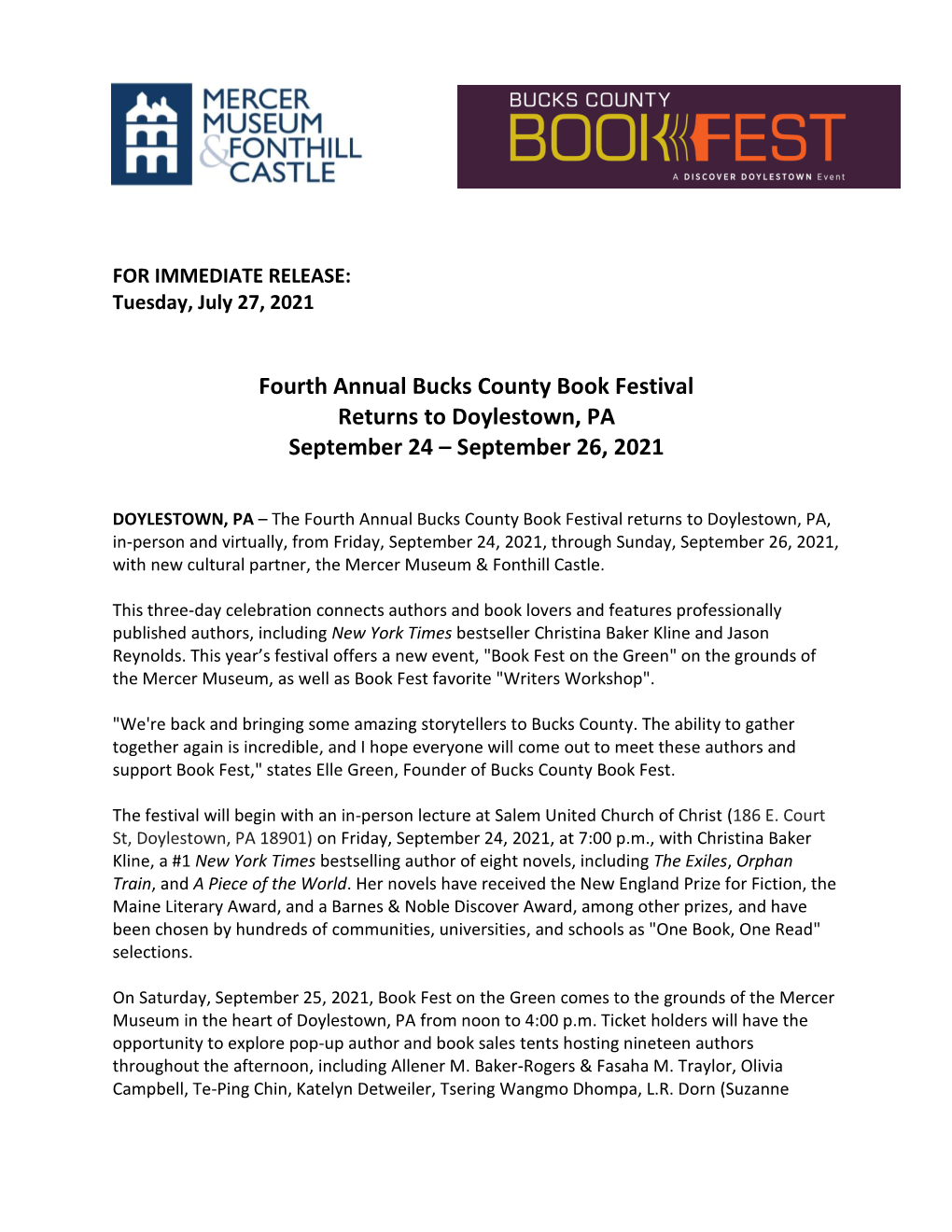 Fourth Annual Bucks County Book Festival Returns to Doylestown, PA September 24 – September 26, 2021